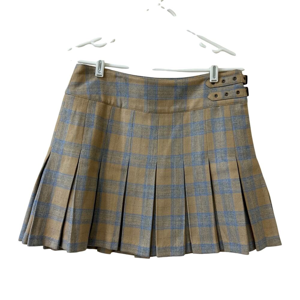 Gap Vtg NWT Womens 6 Tan Blue Wool Plaid Pleated Mini Skirt Preppy Academia Y2K